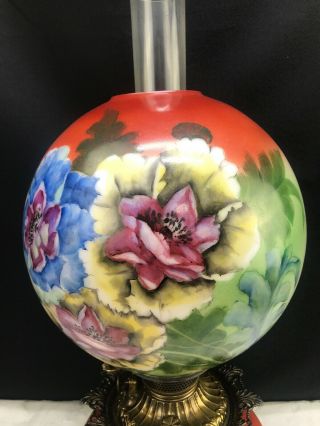 Antique Banquet GWTW Gone with the Wind Oil Lamp Hand Painted Floral Signed 26” 2