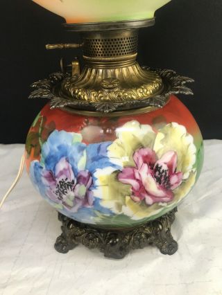 Antique Banquet GWTW Gone with the Wind Oil Lamp Hand Painted Floral Signed 26” 3