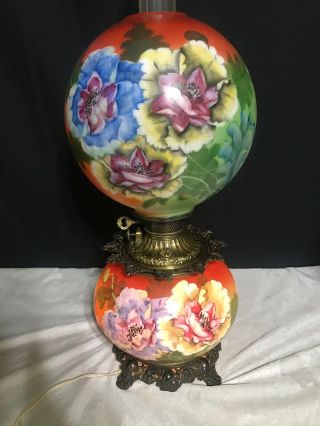 Antique Banquet GWTW Gone with the Wind Oil Lamp Hand Painted Floral Signed 26” 8