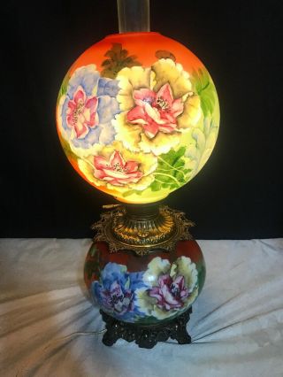 Antique Banquet GWTW Gone with the Wind Oil Lamp Hand Painted Floral Signed 26” 9