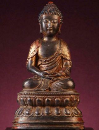 Buddha: Antique Tibetan Sammasamadhi,  Lacquered & Gilded Bronze,  1800 