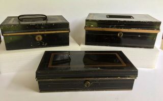 Vintage Black Metal Lock Tin Cash / Document / Deed / Strong Boxes - 3 Vault/safe