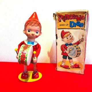 Pinocchio Drum Wind Up Vintage Tinplate Character Toys Very Rare From Japan 0u