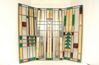 3 Antique Arts Crafts Mission Stained Leaded Glass Windows Panels Panes Art Deco
