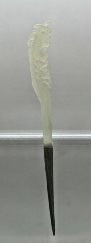 Antique Chinese Qing Dynasty Hetian Jade Hair Pin Silver Mounted Circa 1800s 5