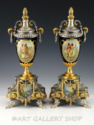 Vintage Rococo Style Cobalt Blue Porcelain Ormolu Courting Couple Vase Urn Pair