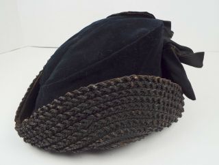 Antique Ladies Hat Black Straw Velvet Satin Bow 1800 