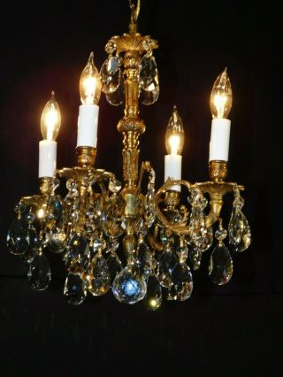 ANTIQUE French 4 Arm 4 Lite Ultra Petite FUSSY Brass Cut Lead Crystal Chandelier 11