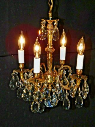 Antique French 4 Arm 4 Lite Ultra Petite Fussy Brass Cut Lead Crystal Chandelier