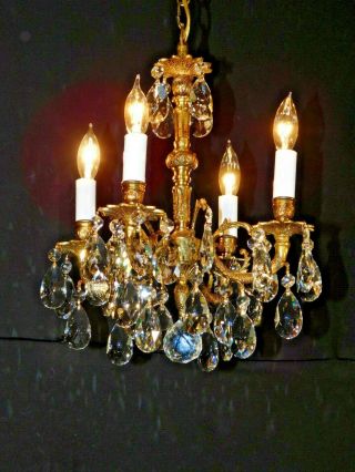 ANTIQUE French 4 Arm 4 Lite Ultra Petite FUSSY Brass Cut Lead Crystal Chandelier 3