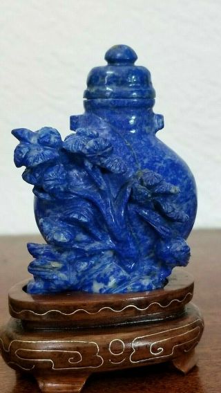 Antique Chinese Snuff Bottle Lapis Lazuli Stone Hand Carved 19th/20th C.  W/stand