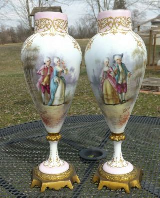 Pair Signed French Sevres Hand Painted Portrait Urns / Vases