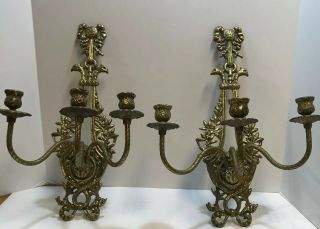 Pair Antique Large 3 Arm Brass Wall Sconce Candle Holders