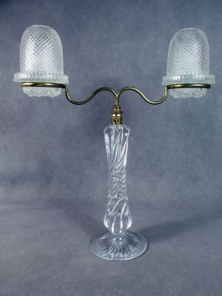 19thc Double Fairy Lamp 2 Crystal Domes On Gold Tone Arms W/swirl Glass Standard