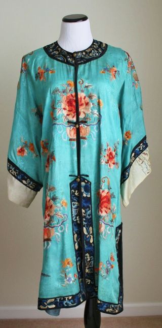 Antique Vintage Chinese Embroidered Silk Robe Forbidden Stitch