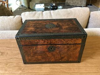 Antique Early 19th Century Burled Walnut And Ebony Fitted Tea Caddy Labeled