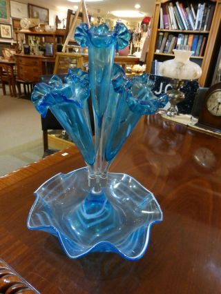 Antique Victorian English Hand Blown Blue Epergne 5 Vases Centerpiece 17 " T