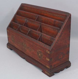 Antique Brass Inlaid Mahogany,  Anglo - Indian,  Desktop Letter Holder Organizer