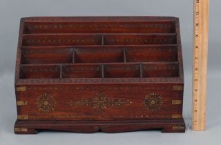 Antique Brass Inlaid Mahogany,  Anglo - Indian,  Desktop Letter Holder Organizer 2