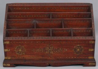 Antique Brass Inlaid Mahogany,  Anglo - Indian,  Desktop Letter Holder Organizer 3