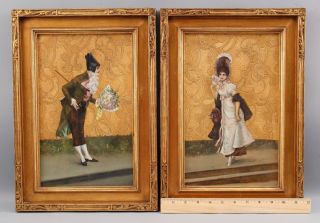 19thc Antique 18thc Lovers Portrait Oil Painting Gilt Accents Arts Crafts Frames