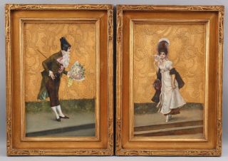 19thC Antique 18thC Lovers Portrait Oil Painting Gilt Accents Arts Crafts Frames 2