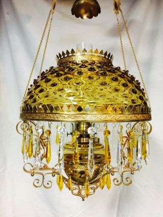 Ansonia Victorian Hanging Lamp; Fabulous Amber " Hobnail " Shade