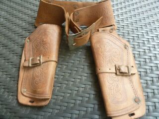 VERY RARE 1950 ' S VINTAGE LAWMAN MARSHAL DAN TROOP DOUBLE LEATHER HOLSTER NO RES 11