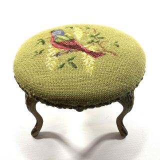 Antique Victorian Foot Stool With Needlepoint Of Bird Cast Iron Legs Wood Base