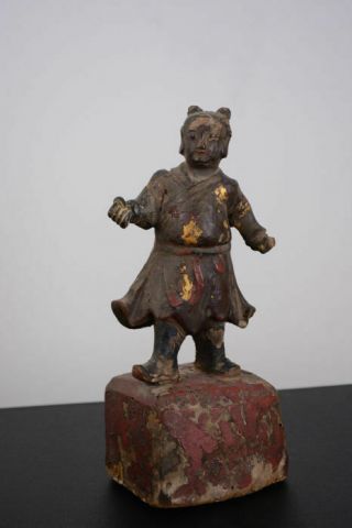 Antique Chinese Carved Wood Polychrome Figure Of A Boy Ming/qing