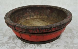 Antique 19th Century Primitive Folk Art Red Painted Wood Carved Bowl Iron Rings