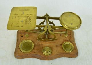 Antique Warranted Made Brass Postal Scale 4 Weights Wooden Base England Vintage