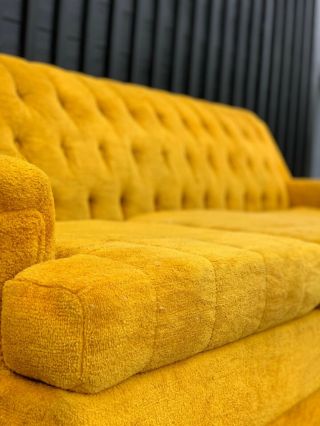 Mid Century Modern Tufted Sleeper Chesterfield Golden Yellow Mustard 9