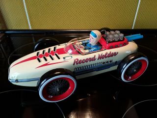 Tm Japan Record Holder Tinplate Race Car With Flashing Motor.  Large Scale 12 ".