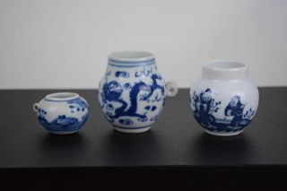 A Trio Of Antique Chinese Blue And White Porcelain Bird Feeders