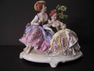 Vintage German Dresden Unterweissbach Porcelain Figurine 2 Ladies With Bird