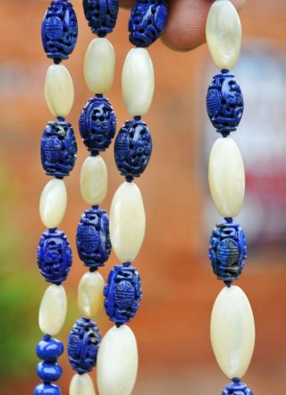 Vintage Chinese Hand - Carved Lapis Lazuli & Gypsum Necklace 11