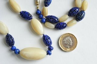 Vintage Chinese Hand - Carved Lapis Lazuli & Gypsum Necklace 2