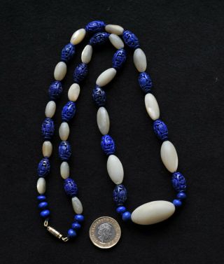 Vintage Chinese Hand - Carved Lapis Lazuli & Gypsum Necklace 7