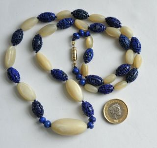 Vintage Chinese Hand - Carved Lapis Lazuli & Gypsum Necklace 9