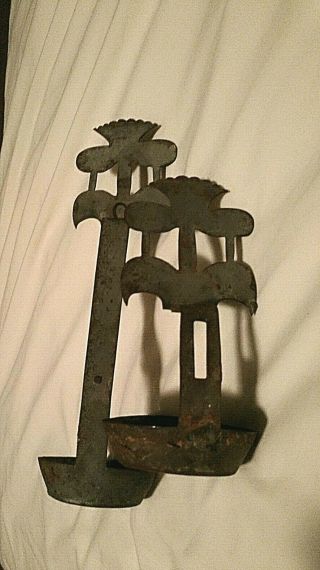 Colonial or earlier double Betty Lamp hand forged Narricissus Flower Iron tinned 4