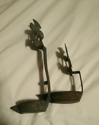 Colonial or earlier double Betty Lamp hand forged Narricissus Flower Iron tinned 5