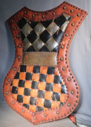 Vintage Spanish Revival Painted Leather Heraldic Medieval Tudor Gothic Shield