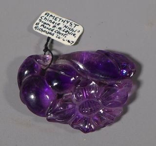 Antique Chinese Carved Amethyst Nichi Charm Pendant Amulet Old Collectors Label