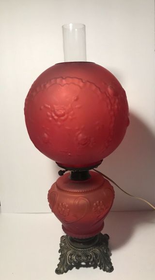 Vintage Antique Red Satin Glass Gone With The Wind Lamp Eagle Oil Electrified