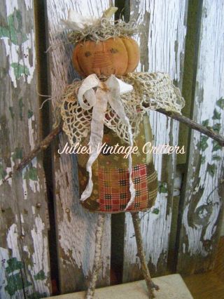 Primitive Harvest Pumpkin Stick Doll,  Large,  Quilt,  Folk Art Pumpkin Stick Doll