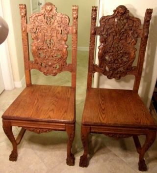 Rare Antique Woman Bust Royal High Back Lion Throne Chairs Hand Carved