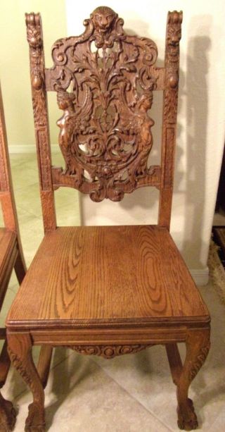 RARE Antique Woman Bust Royal High Back Lion Throne Chairs Hand Carved 2