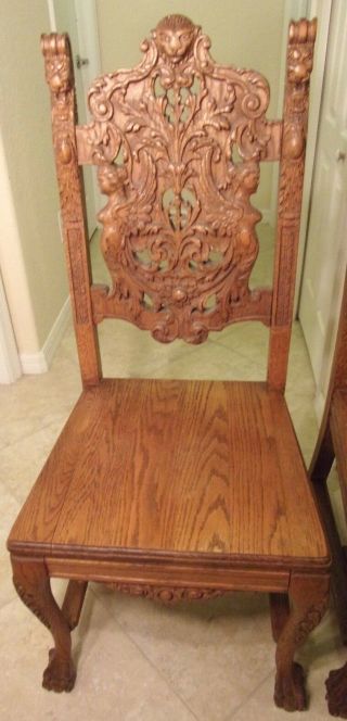 RARE Antique Woman Bust Royal High Back Lion Throne Chairs Hand Carved 3