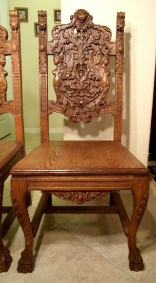 RARE Antique Woman Bust Royal High Back Lion Throne Chairs Hand Carved 4